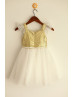 Square Neck Gold Sequin Ivory Tulle Knee Length Flower Girl Dress